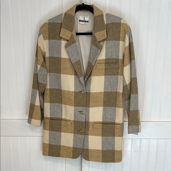 A Line Anne Klein yellow/tan/brown buffalo plaid, lined, vintage jacket size S - Picture 1 of 10